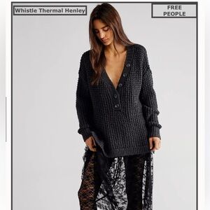 Free People Sweater Whistle Thermal Henley - Gray - Medium Slouchy Boho Hip